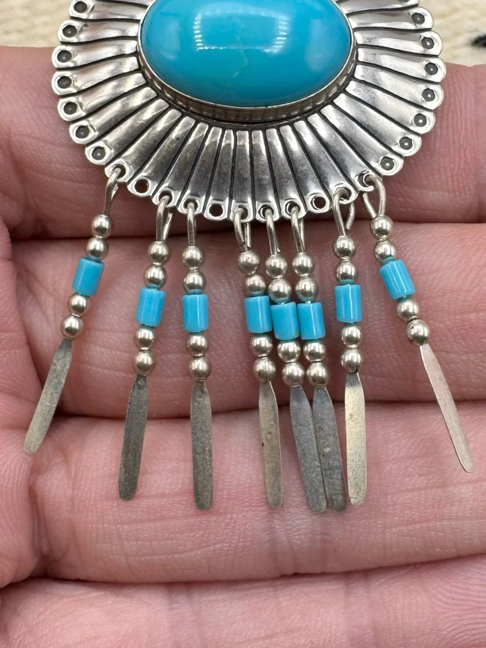 Quoc QT Southwestern Sterling Silver Faux Blue Turquoise Dangle Pendant Pin